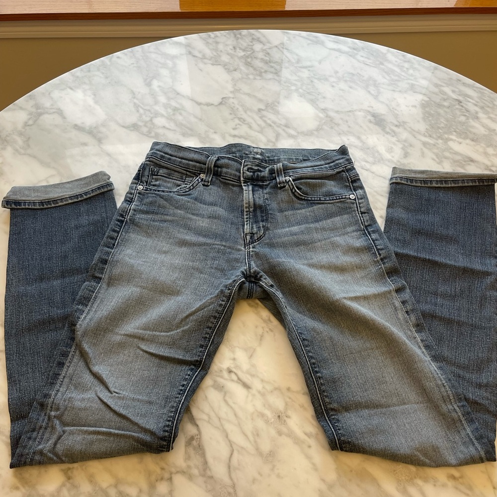 7 for all mankind light wash distressed stretch denim jeans, 28 x 30